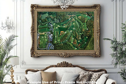 painting print Golf Course all 18 Holes Augusta National wall art Aerial View the Masters of Augusta Amen Corner White Dogwood Golden Bell Azalea canvas frame gallery wrapped stretched over 3/4 inch wood frame rigid backing semi-gloss lamination wall picture photograph photo fine art print wall hanging.