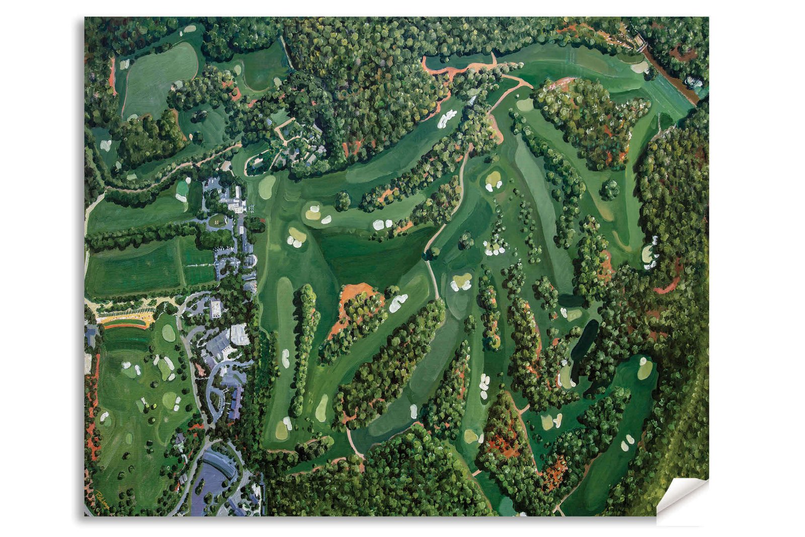 painting print Golf Course all 18 Holes Augusta National wall art Aerial View the Masters of Augusta Amen Corner White Dogwood Golden Bell Azalea canvas frame gallery wrapped stretched over 3/4 inch wood frame rigid backing semi-gloss lamination leaning against wall picture photograph photo fine art print wall hanging.