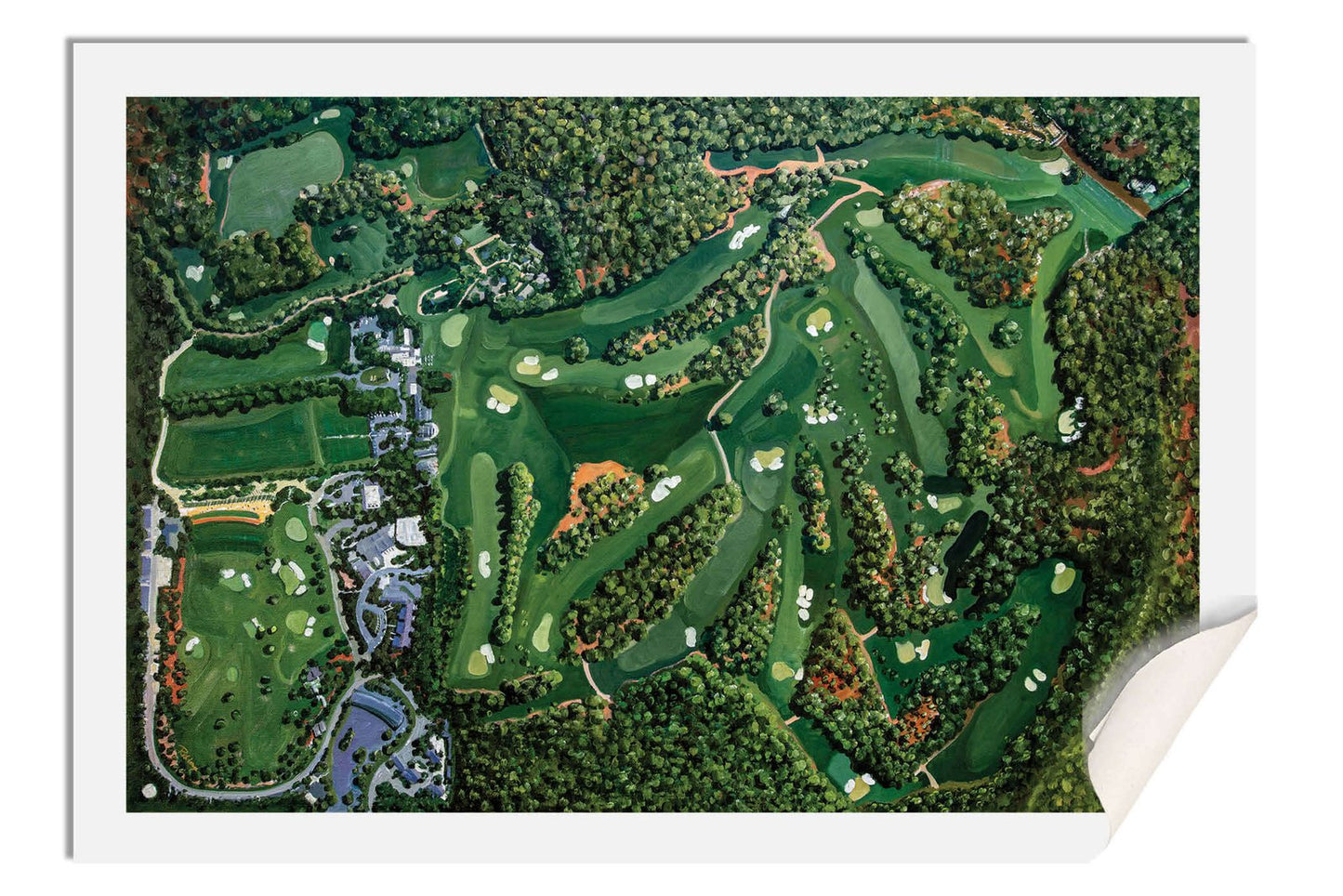 the Masters of Augusta Golf Course all 18 Holes Aerial View Amen Corner White Dogwood Golden Bell Azalea Augusta National giclee wall artwork 8x10-40x60in Oil Painting Art Print framed art example on the wall image poster picture photograph photo fine art print wall hanging.