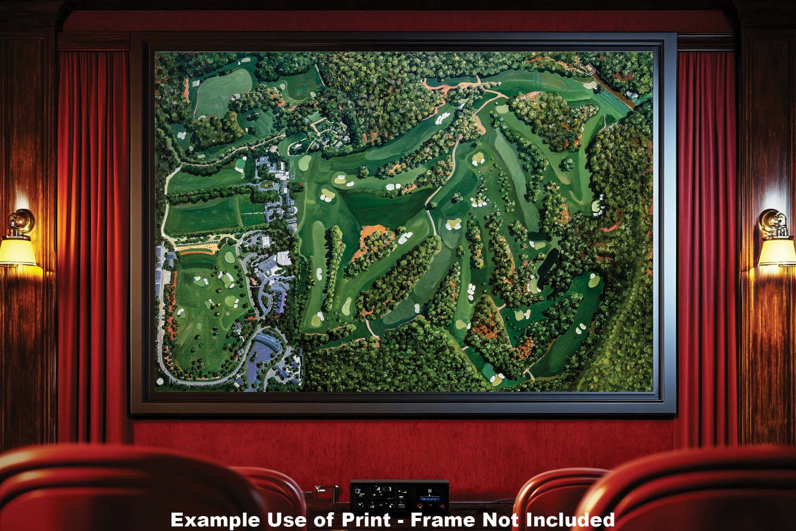 Aerial View Golf Course all 18 Holes Augusta National the Masters of Augusta Amen Corner White Dogwood Golden Bell Azalea lithograph oil painting giclee 8x10-40x60in Oil Painting Art Print framed art example on the wall image poster picture photograph photo fine art print wall hanging.