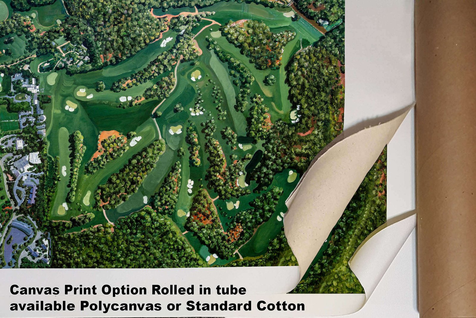 Aerial View painting print Golf Course all 18 Holes Augusta National the Masters of Augusta Amen Corner White Dogwood Golden Bell Azalea 8x10-40x60in Oil Painting Art Print wall artwork giclee canvas prints game room with framed example on the wall image poster picture photograph photo fine art print wall hanging.