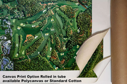 Aerial View painting print Golf Course all 18 Holes Augusta National the Masters of Augusta Amen Corner White Dogwood Golden Bell Azalea 8x10-40x60in Oil Painting Art Print wall artwork giclee canvas prints game room with framed example on the wall image poster picture photograph photo fine art print wall hanging.