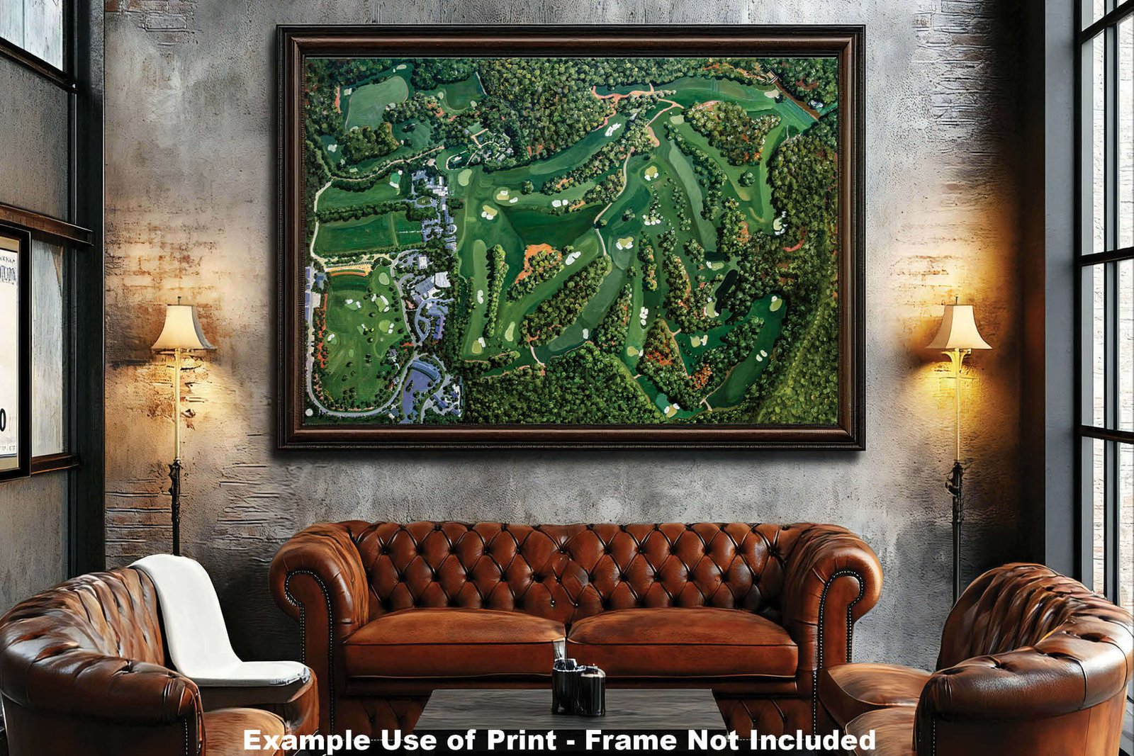 canvas prints Augusta National Aerial View wall art Golf Course all 18 Holes the Masters of Augusta Amen Corner White Dogwood Golden Bell Azalea painting print wall artwork oil painting 8x10-40x60in Oil Painting Art Print living room with mat and framed art example on the wall above the sofa image poster picture photograph photo fine art print wall hanging.