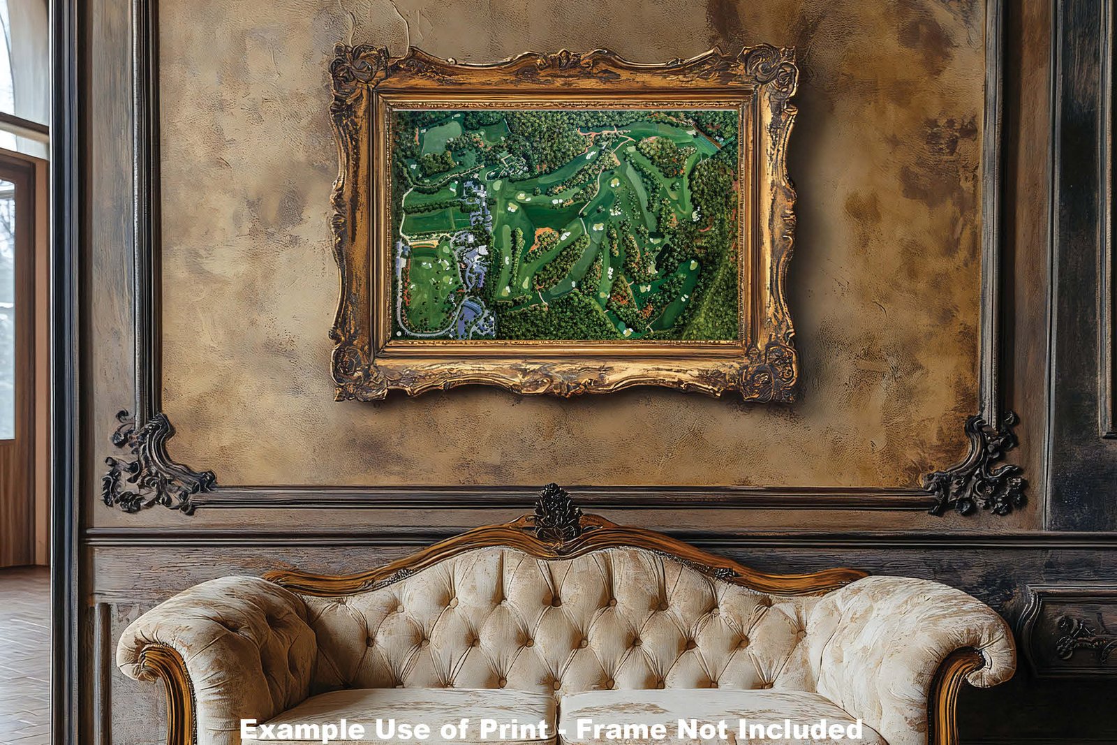 art on wall Augusta National Golf Course all 18 Holes the Masters of Augusta Aerial View canvas prints Amen Corner White Dogwood Golden Bell Azalea 8x10-40x60in Oil Painting Art Print painting print luxury sitting room with framed art example on the wall image poster picture photograph photo fine art print wall hanging.