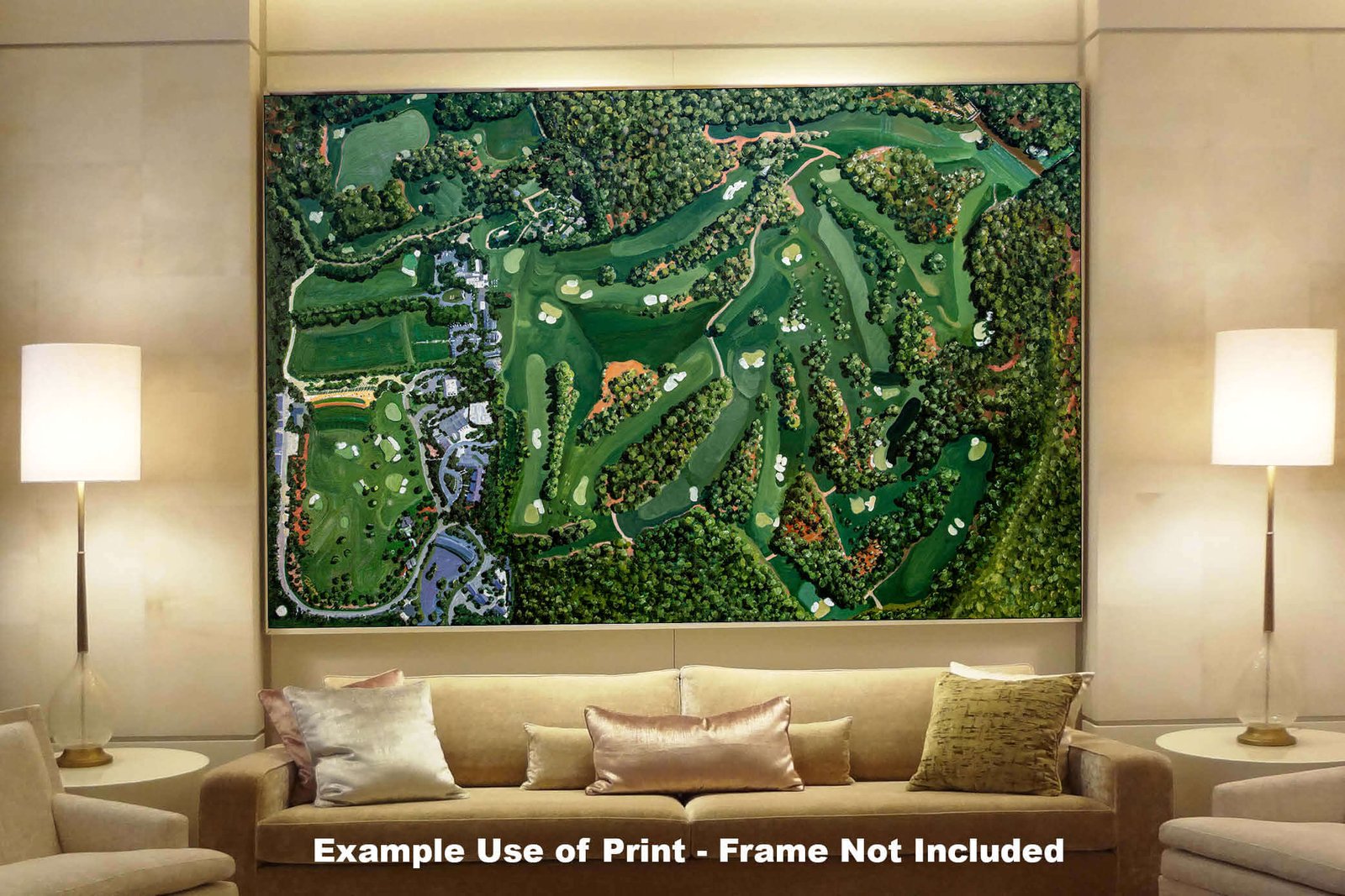 canvas prints Aerial View Amen Corner White Dogwood Golden Bell Azalea Augusta National wall art Golf Course all 18 Holes the Masters of Augusta 8x10-40x60in Oil Painting Art Print painting print matted and framed art example on the gray wall above charcoal gray sofa image poster picture photograph photo fine art print wall hanging.