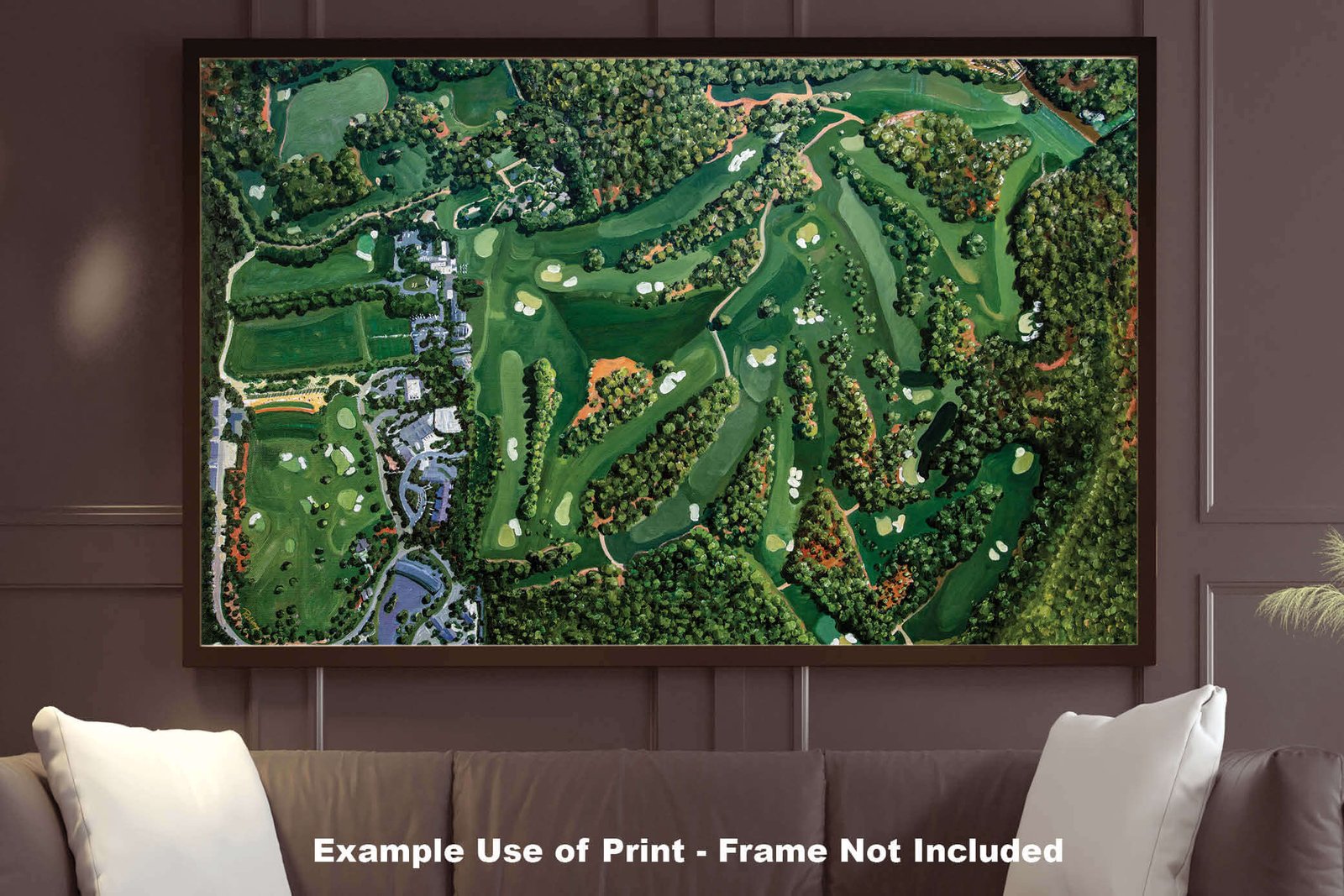wall art Augusta National Golf Course all 18 Holes painting print Aerial View Amen Corner White Dogwood Golden Bell Azalea the Masters of Augusta art on wall 8x10-40x60in Oil Painting Art Print canvas prints wide wood frame with mat art example on gray wall image poster picture photograph photo fine art print wall hanging.