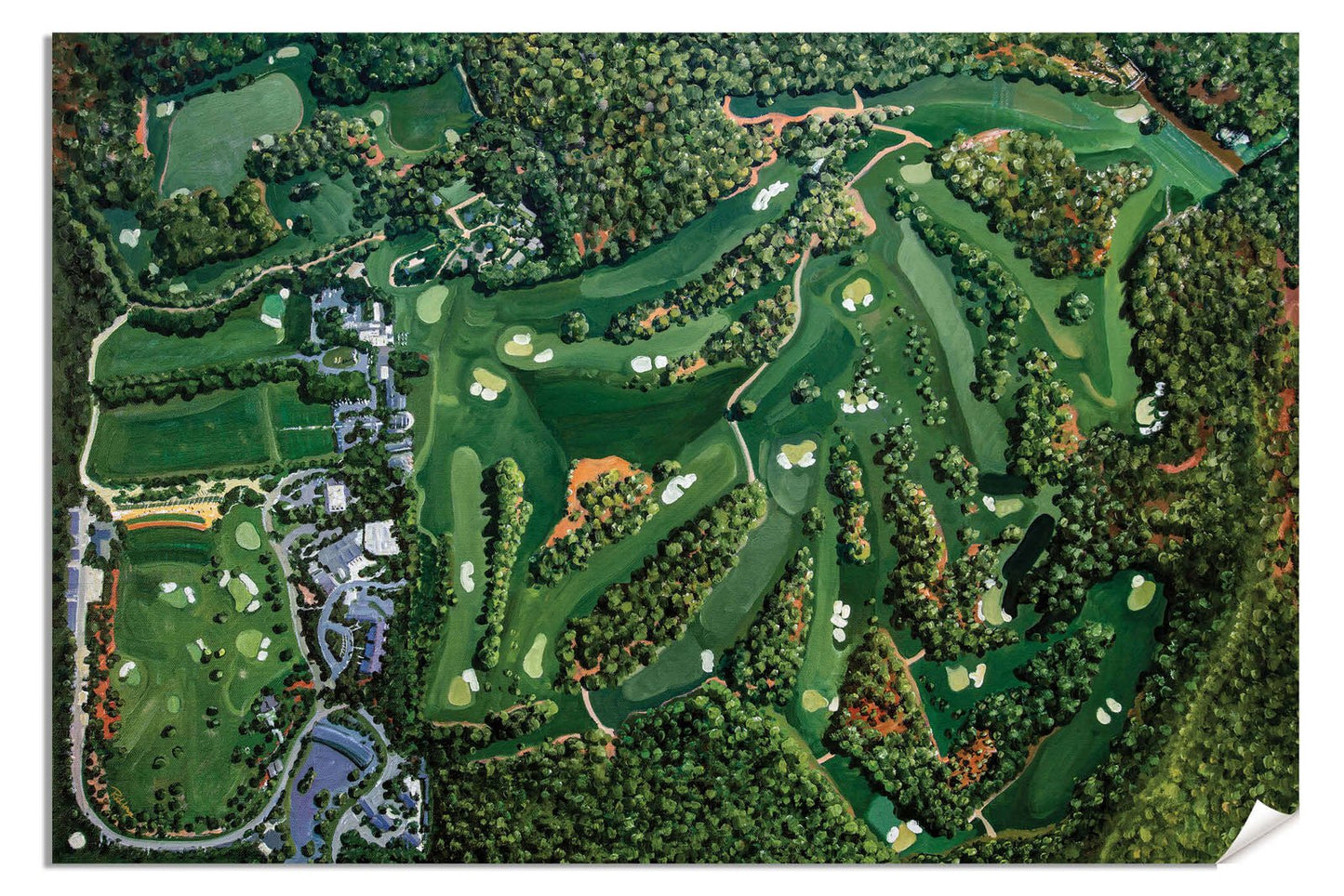 Aerial View the Masters of Augusta Augusta National Golf Course all 18 Holes canvas prints Amen Corner White Dogwood Golden Bell Azalea canvas frame displayed on the wall with gallery wrapped stretched over 3/4 inch wood frame rigid backing semi-gloss lamination picture photograph photo fine art print wall hanging.