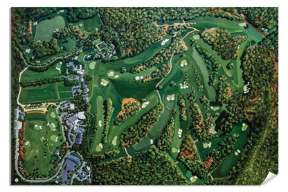 Aerial View the Masters of Augusta Augusta National Golf Course all 18 Holes canvas prints Amen Corner White Dogwood Golden Bell Azalea canvas frame displayed on the wall with gallery wrapped stretched over 3/4 inch wood frame rigid backing semi-gloss lamination picture photograph photo fine art print wall hanging.