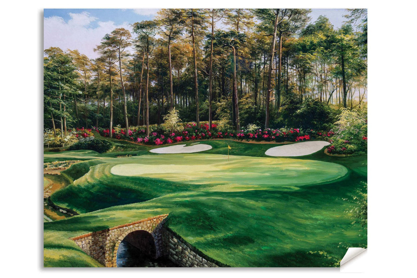 painting print Hole 13 Augusta National Golf Club wall art PGA Masters Azalea canvas frame gallery wrapped stretched over 3/4 inch wood frame rigid backing semi-gloss lamination leaning against wall picture photograph photo fine art print wall hanging.