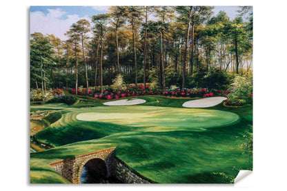 painting print Hole 13 Augusta National Golf Club wall art PGA Masters Azalea canvas frame gallery wrapped stretched over 3/4 inch wood frame rigid backing semi-gloss lamination leaning against wall picture photograph photo fine art print wall hanging.