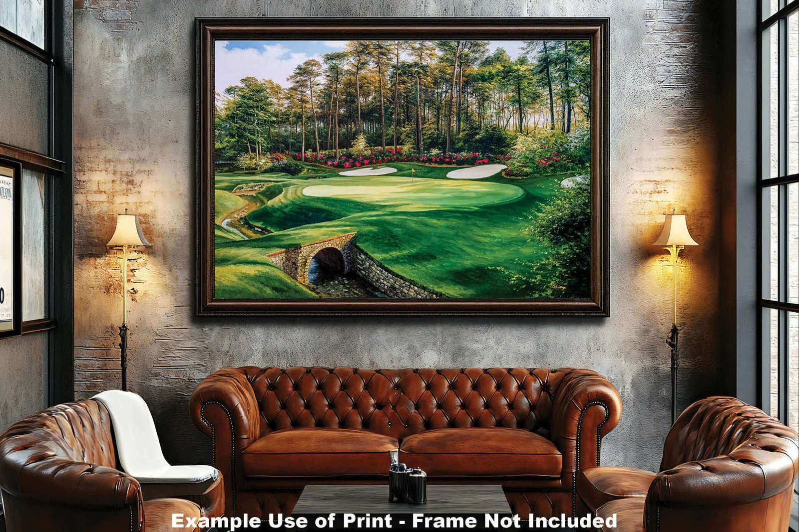 canvas prints Augusta National Golf Club PGA wall art Hole 13 Masters Azalea painting print rich image oil painting 8x10-40x60in Oil Painting Art Print living room with mat and framed art example on the wall above the sofa image poster picture photograph photo fine art print wall hanging.