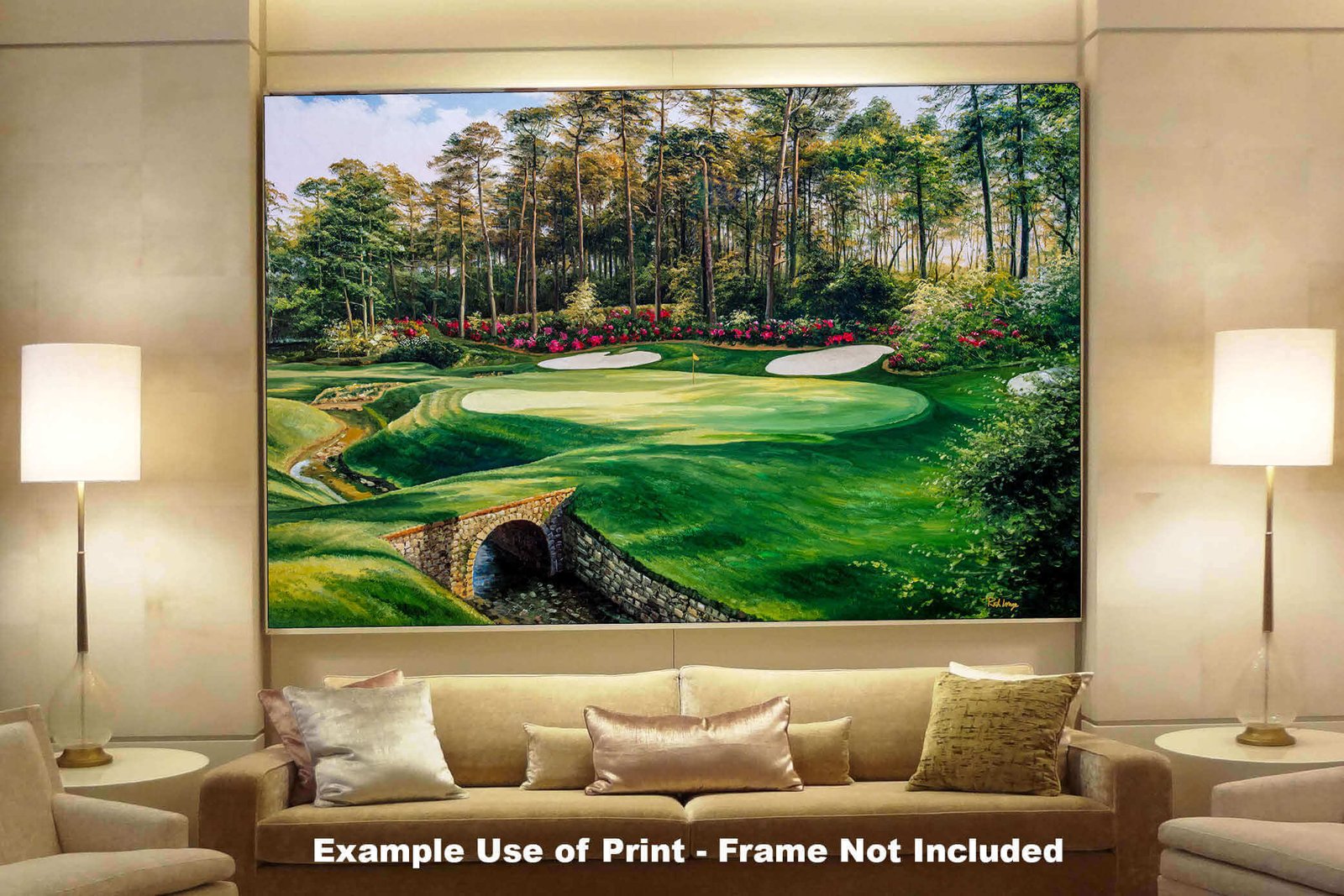 canvas prints PGA Azalea Augusta National Golf Club wall art Hole 13 Masters 8x10-40x60in Oil Painting Art Print painting print matted and framed art example on the gray wall above charcoal gray sofa image poster picture photograph photo fine art print wall hanging.