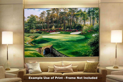 canvas prints PGA Azalea Augusta National Golf Club wall art Hole 13 Masters 8x10-40x60in Oil Painting Art Print painting print matted and framed art example on the gray wall above charcoal gray sofa image poster picture photograph photo fine art print wall hanging.