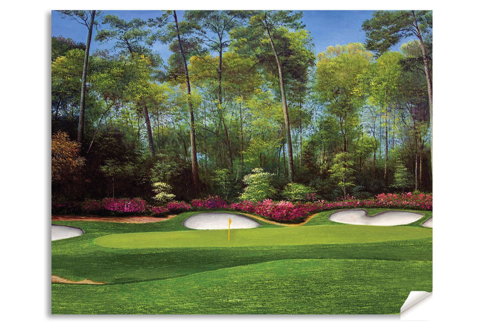 wall artwork Hole 13 Augusta National Golf Club wall art PGA Masters Azalea canvas frame gallery wrapped stretched over 3/4 inch wood frame rigid backing semi-gloss lamination leaning against wall picture photograph photo fine art print wall hanging.