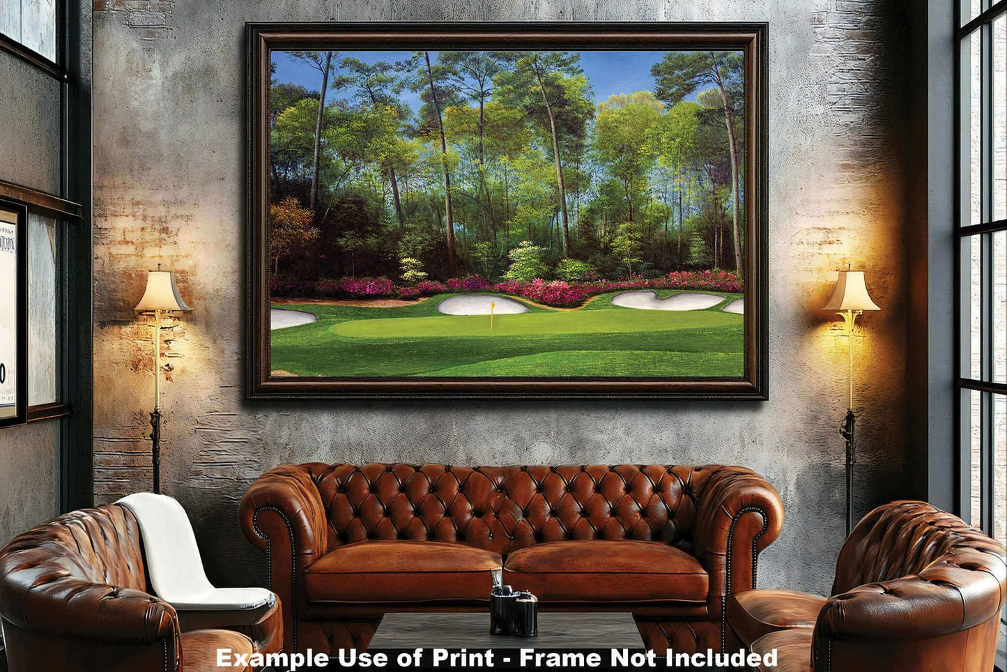 canvas prints Augusta National Golf Club PGA wall art Hole 13 Masters Azalea wall artwork art print oil painting 8x10-40x60in Oil Painting Art Print living room with mat and framed art example on the wall above the sofa image poster picture photograph photo fine art print wall hanging.