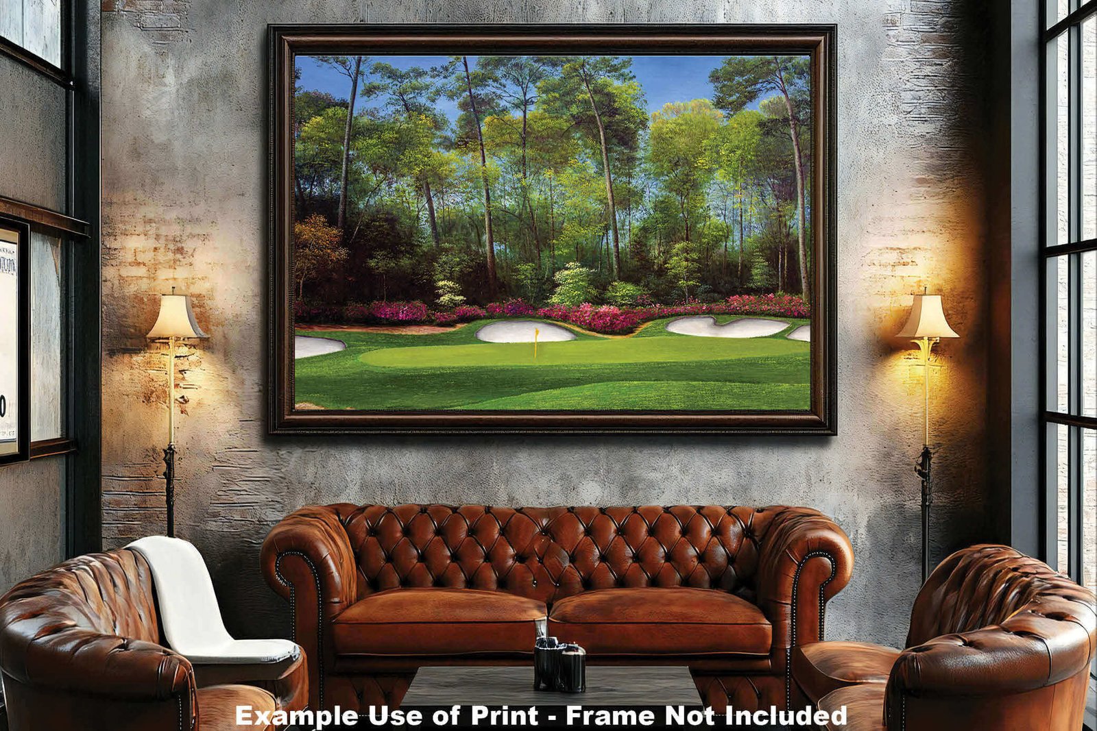 canvas prints Augusta National Golf Club PGA wall art Hole 13 Masters Azalea wall artwork art print oil painting 8x10-40x60in Oil Painting Art Print living room with mat and framed art example on the wall above the sofa image poster picture photograph photo fine art print wall hanging.