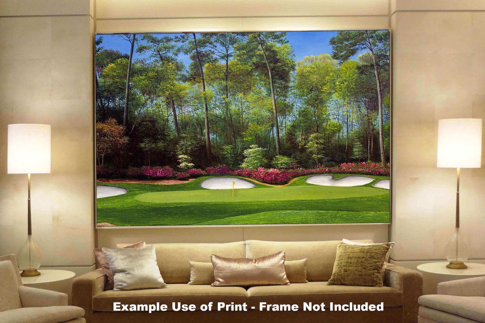 canvas prints PGA Azalea Augusta National Golf Club wall art Hole 13 Masters 8x10-40x60in Oil Painting Art Print wall artwork matted and framed art example on the gray wall above charcoal gray sofa image poster picture photograph photo fine art print wall hanging.