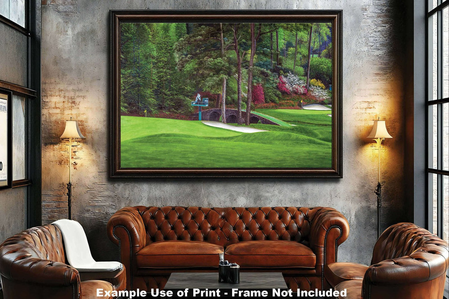 canvas prints Augusta National Golf Club PGA wall art Hole 11 12 the Masters of Augusta Amen Corner Golden Bell White Dogwood painting print rich image by Phil Reich 8x10-40x60in Oil Painting Art Print living room with mat and framed art example on the wall above the sofa image poster picture photograph photo fine art print wall hanging.