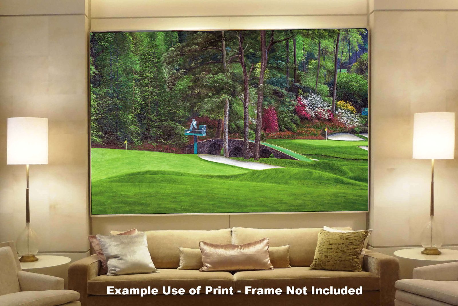 canvas prints PGA Amen Corner Golden Bell White Dogwood Augusta National Golf Club wall art Hole 11 12 the Masters of Augusta 8x10-40x60in Oil Painting Art Print painting print matted and framed art example on the gray wall above charcoal gray sofa image poster picture photograph photo fine art print wall hanging.
