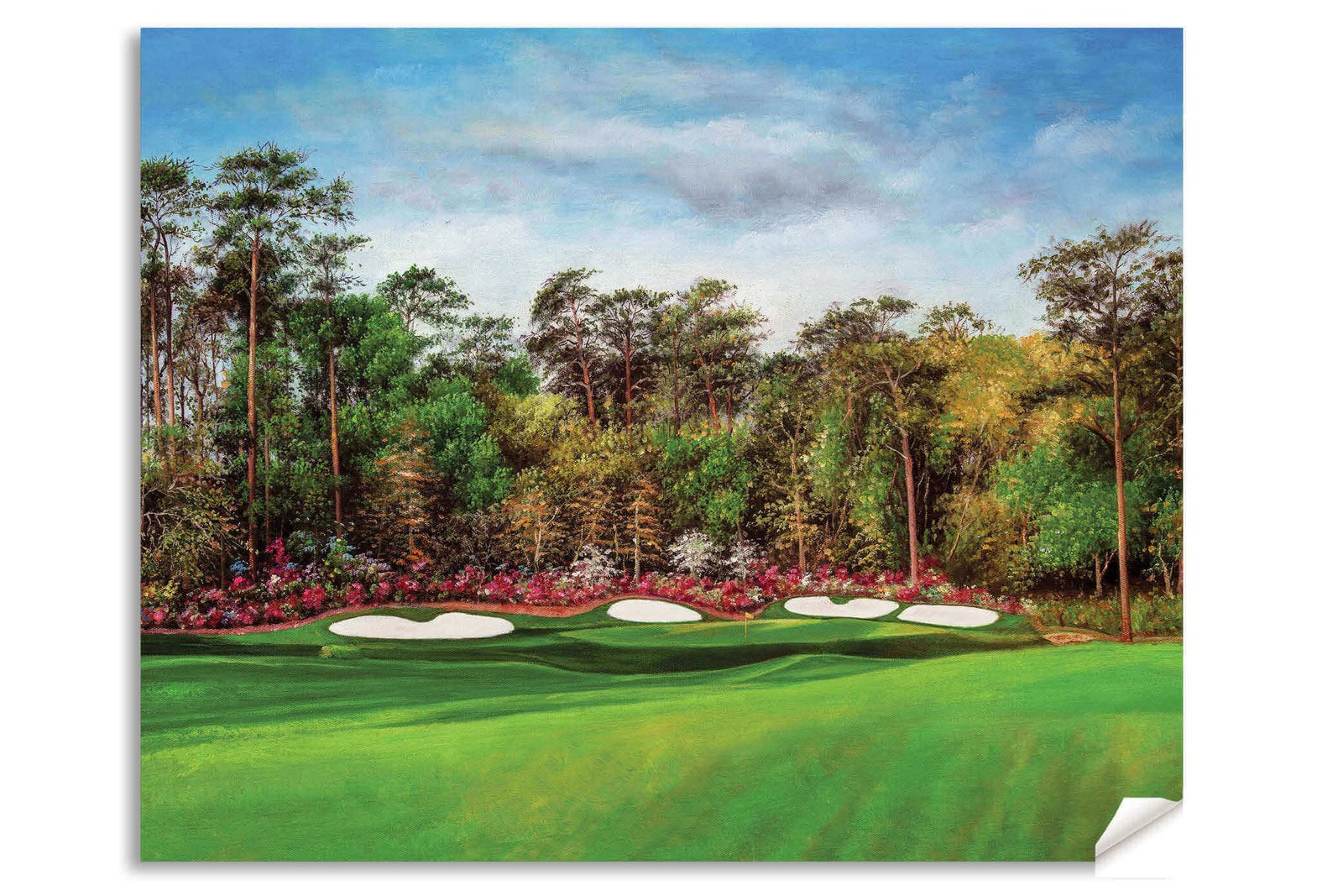 art on wall Golf Club Hole 13 Augusta National wall art the Masters of Augusta Masters Amen Corner Azalea canvas frame gallery wrapped stretched over 3/4 inch wood frame rigid backing semi-gloss lamination leaning against wall picture photograph photo fine art print wall hanging.