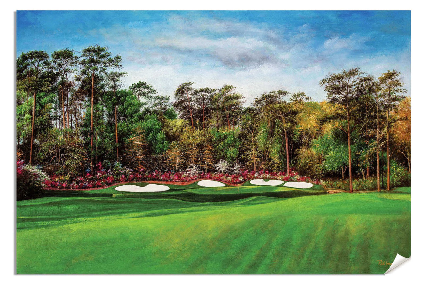 the Masters of Augusta Masters Amen Corner Augusta National Golf Club Hole 13 canvas prints Azalea canvas frame displayed on the wall with gallery wrapped stretched over 3/4 inch wood frame rigid backing semi-gloss lamination picture photograph photo fine art print wall hanging.