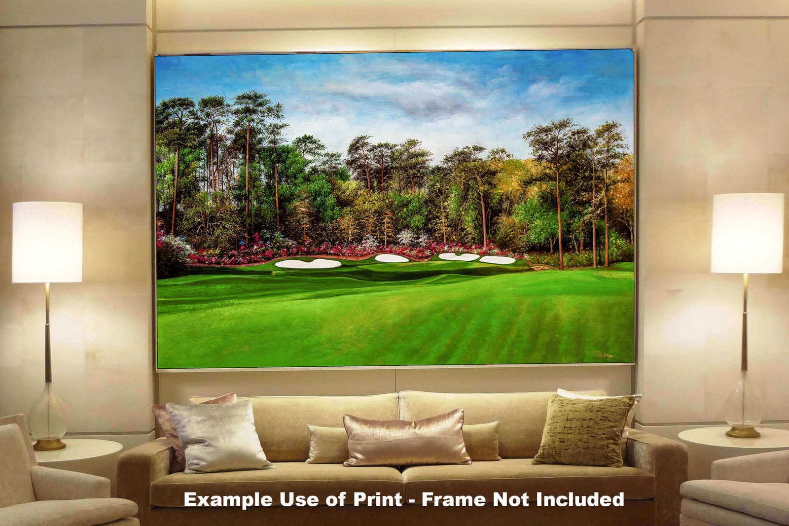 canvas prints the Masters of Augusta Azalea Augusta National wall art Golf Club Hole 13 Masters Amen Corner 8x10-40x60in Oil Painting Art Print art on wall matted and framed art example on the gray wall above charcoal gray sofa image poster picture photograph photo fine art print wall hanging.