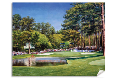 painting print Golf Club Course Hole 16 Augusta National wall art Augusta US The Masters Of Augusta Redbud canvas frame gallery wrapped stretched over 3/4 inch wood frame rigid backing semi-gloss lamination leaning against wall picture photograph photo fine art print wall hanging.