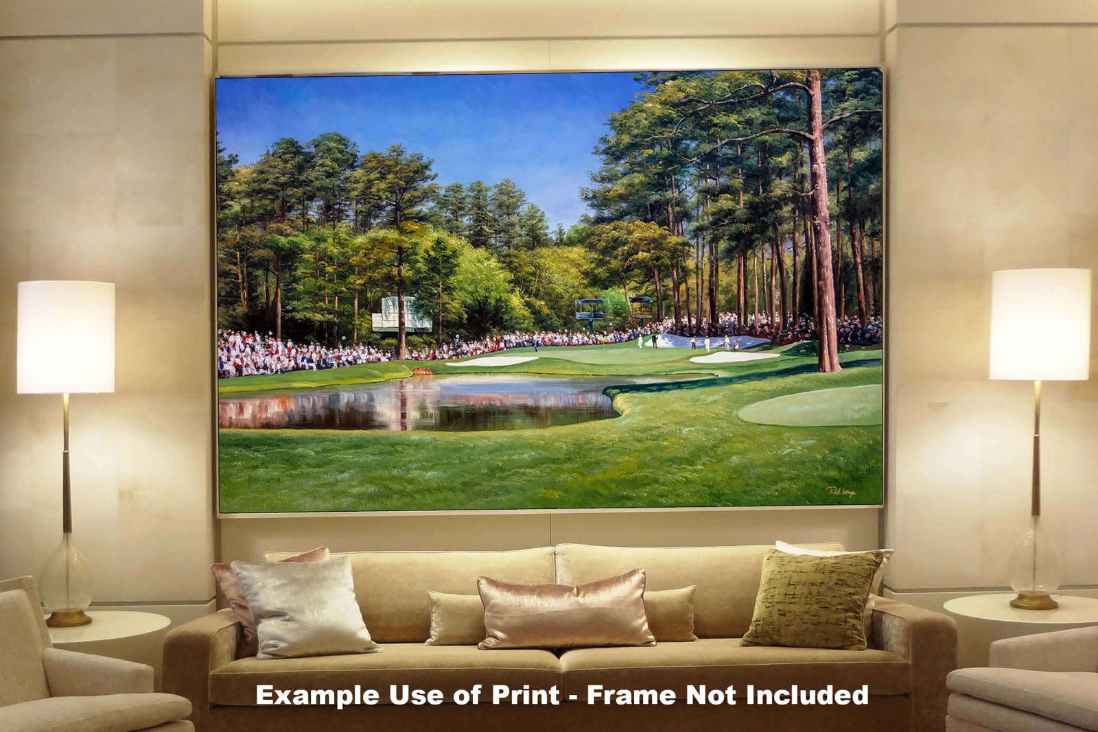 canvas prints Augusta US Redbud Augusta National wall art Golf Club Course Hole 16 The Masters Of Augusta 8x10-40x60in Oil Painting Art Print painting print matted and framed art example on the gray wall above charcoal gray sofa image poster picture photograph photo fine art print wall hanging.