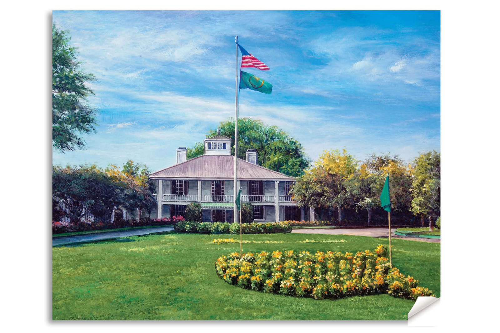 painting print Golf Course Augusta National wall art PGA Golf Canvas Prints the Masters of Augusta Clubhouse Club House Oil Painting Art Print canvas frame gallery wrapped stretched over 3/4 inch wood frame rigid backing semi-gloss lamination leaning against wall picture photograph photo fine art print wall hanging.