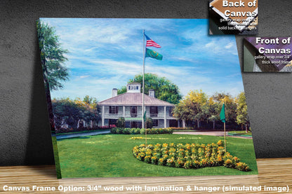 PGA Golf Canvas Prints canvas prints Augusta National Golf Course wall art the Masters of Augusta painting print oil painting painting print art on wall Clubhouse Club House Oil Painting Art Print available as canvas rolled polyester or standard cotton canvas roll mailed in a heavy duty cardboard tube image poster picture photograph photo fine art print wall hanging.