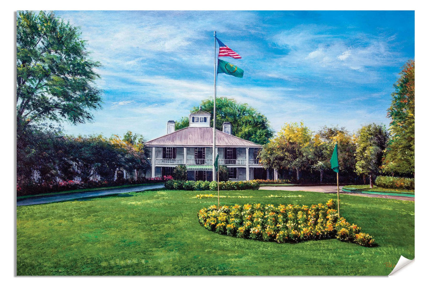PGA Golf Canvas Prints the Masters of Augusta Augusta National Golf Course canvas prints Clubhouse Club House Oil Painting Art Print canvas frame displayed on the wall with gallery wrapped stretched over 3/4 inch wood frame rigid backing semi-gloss lamination picture photograph photo fine art print wall hanging.