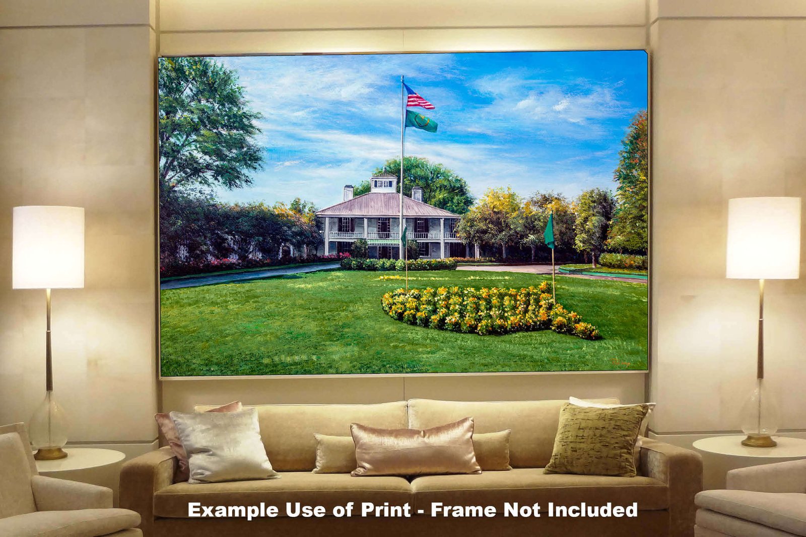 canvas prints PGA Golf Canvas Prints Clubhouse Club House Oil Painting Art Print Augusta National wall art Golf Course the Masters of Augusta 8x10-40x60in painting print matted and framed art example on the gray wall above charcoal gray sofa image poster picture photograph photo fine art print wall hanging.