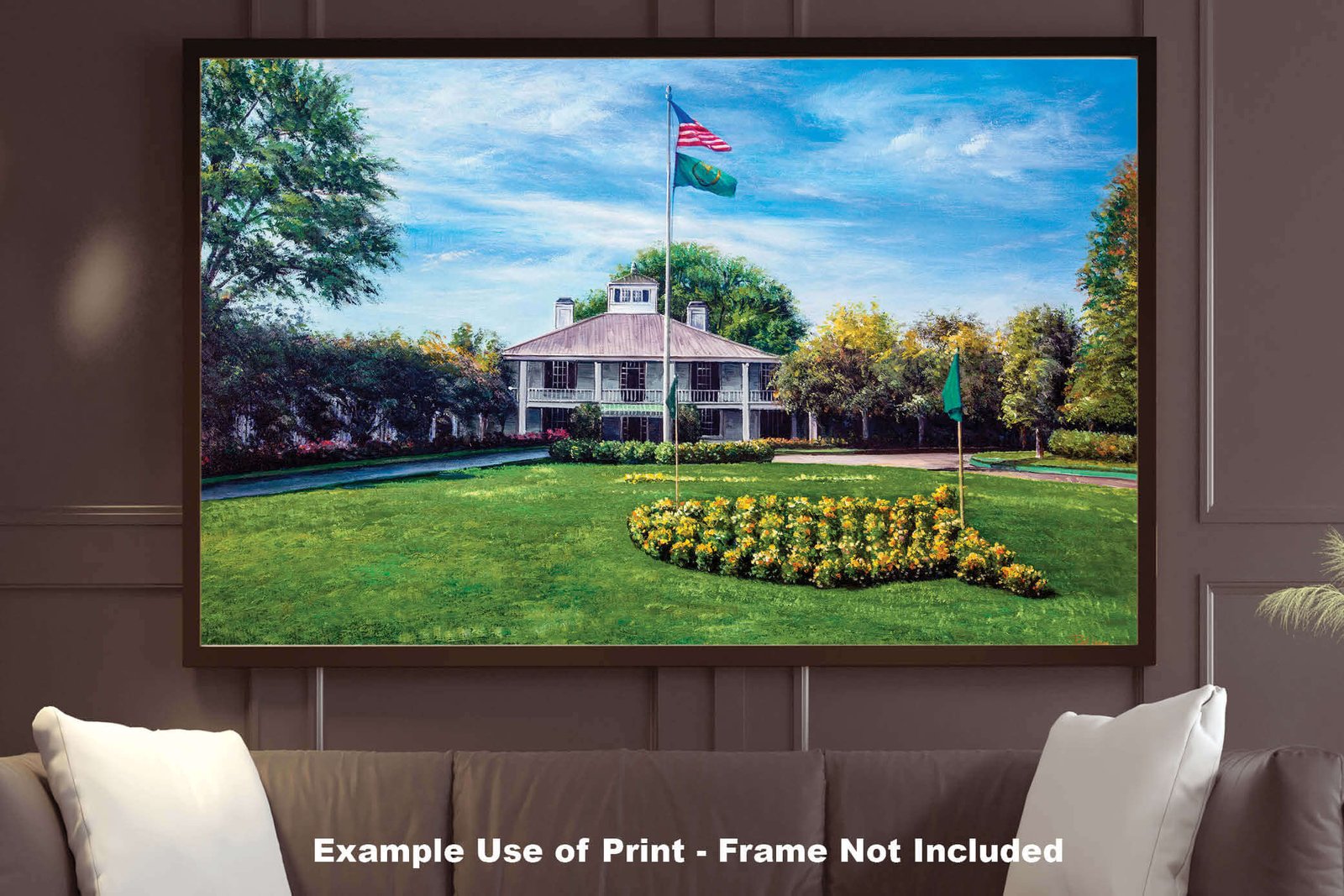 wall art Augusta National Golf Course painting print PGA Golf Canvas Prints Clubhouse Club House Oil Painting Art Print the Masters of Augusta wall artwork 8x10-40x60in canvas prints wide wood frame with mat art example on gray wall image poster picture photograph photo fine art print wall hanging.